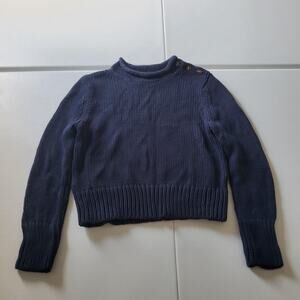 Lake Sweater Womens Small Navy Blue Button Shoulder Crewneck Pullover Cotton